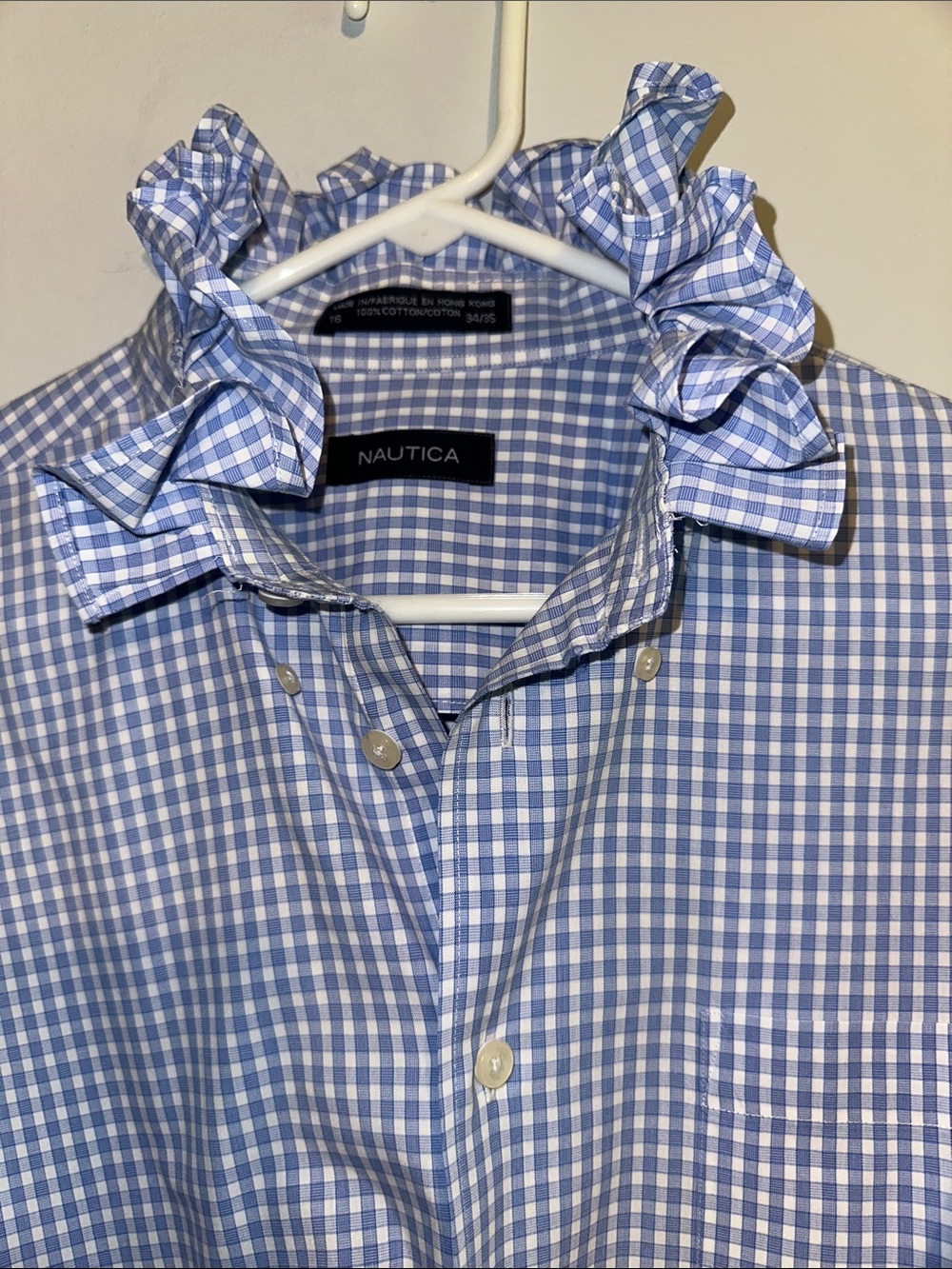 Nautica Blue Gingham Ruffle Collar Open Back Button-Down Top